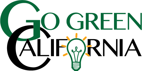 Go Green California logo with lightbulb as letter O in California