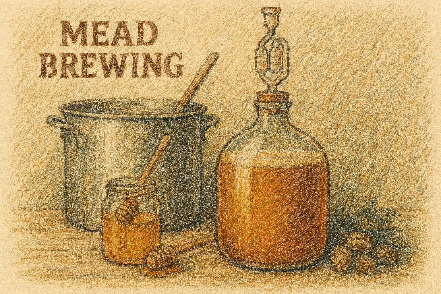 color pencil sketch of mead brewing