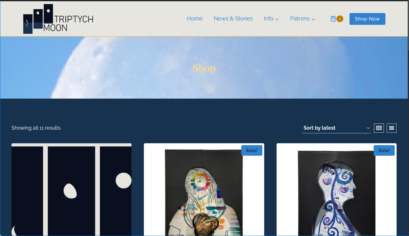 Shop page of Triptych Moon Wordpress site